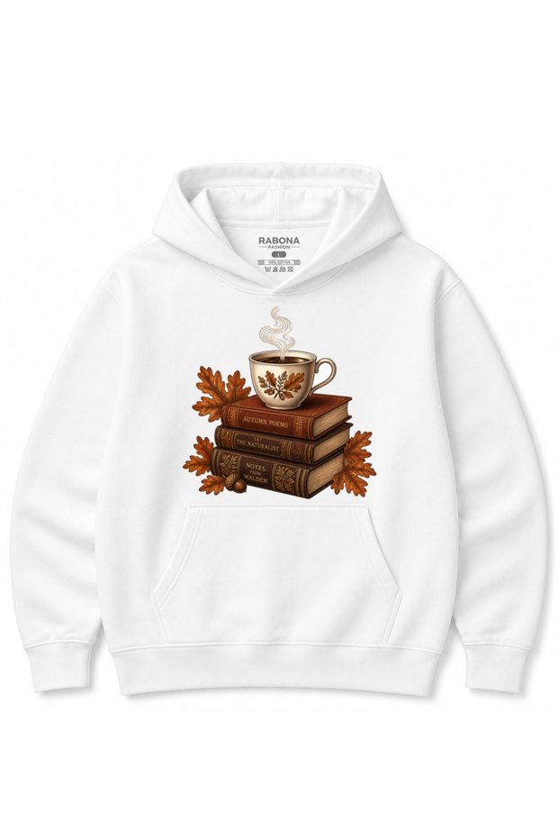 Autumn Poems & Coffee – Vintage Books, Oak Leaves & Cozy Fall Graphic Hoodie
