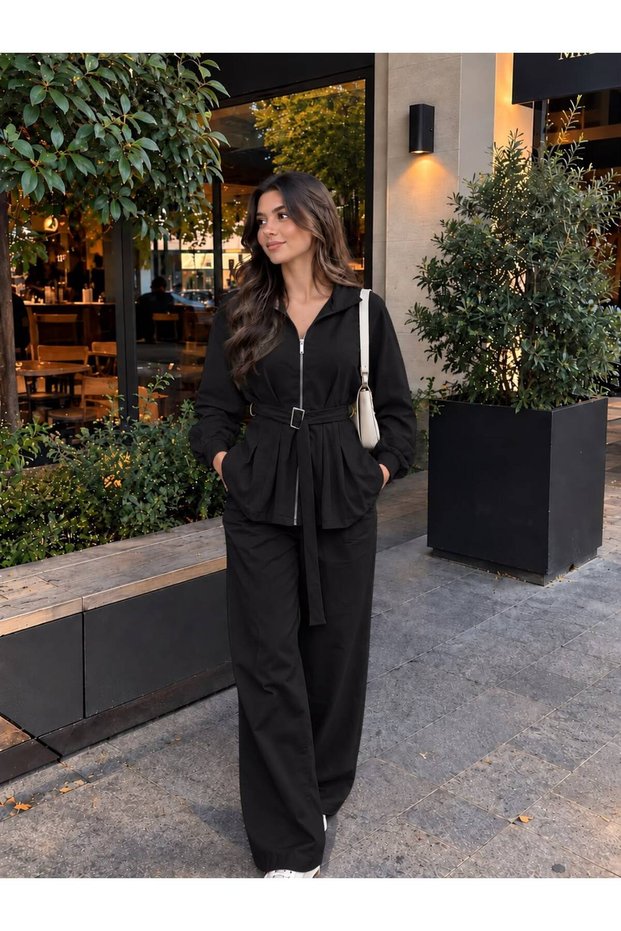 Women's Black Zippered Belted Jacket and Wide-Leg Pants Two-Piece Set