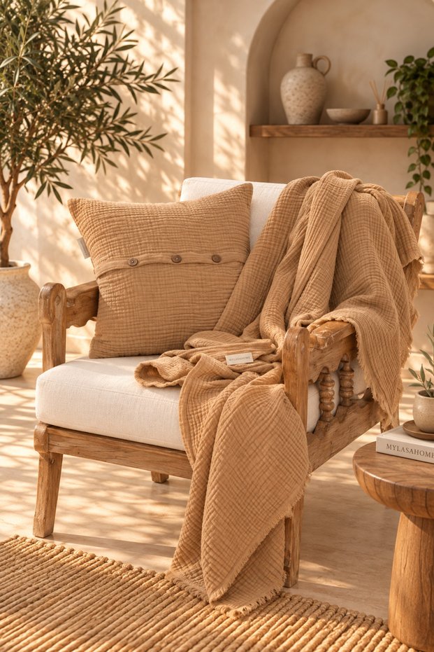 4 Layer Muslin Throw & Cushion Cover Set (130X170 cm + 1 Piece 45X45 cm) – Button Detailed Sofa Throw Set | 4 Color Options