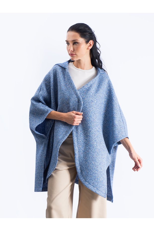 Asymmetrical Cut Hooded Poncho with Buckle Blue