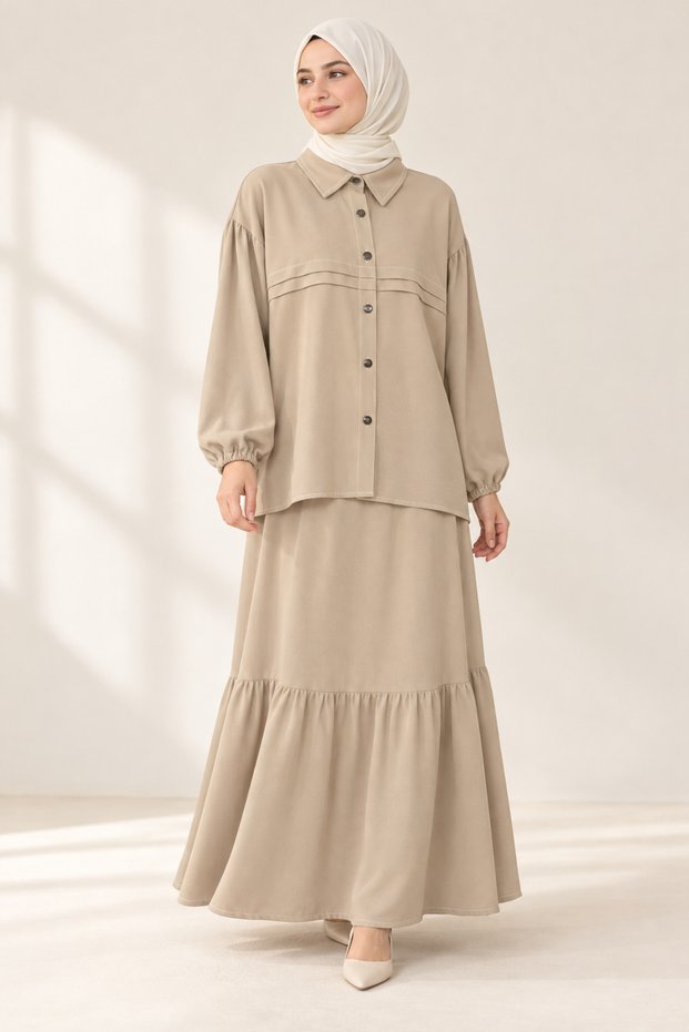 Women's Beige Shirt Collar Balloon Sleeve Ruffled Skirt Double Hijab Set Yrn-35
