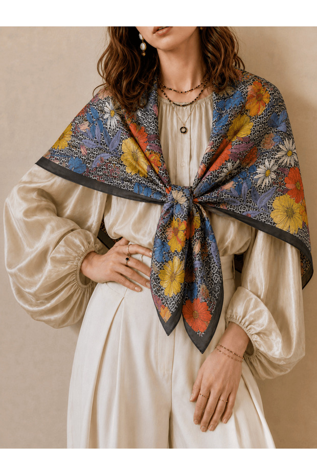 Vintage Flora Pattern Cotton Scarf - Black