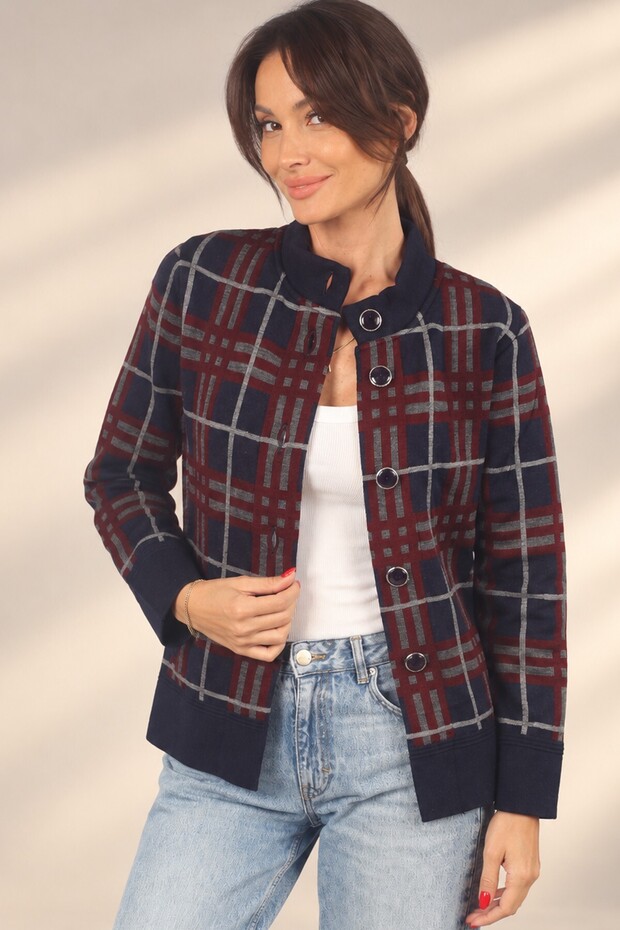 Women's Plaid Patterned Acrylic Knitwear Cardigan with Buttoned Front Pockets