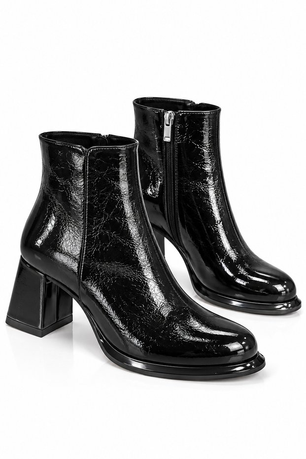 Black Patent Leather Low Thick Heeled Women's Boots - Comfortable Zippered Casual & Stylish Wrinkled Patent Leather Boots