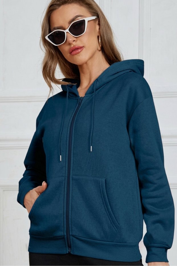Women's Balloon Sleeve Cardigan with Hood, Full Zipper, Pockets, 100% Cotton, Winter