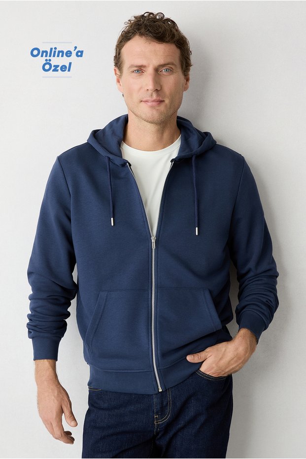 Hooded Pocket Regular Fit Zippered Cotton Sweatshirt Cardigan