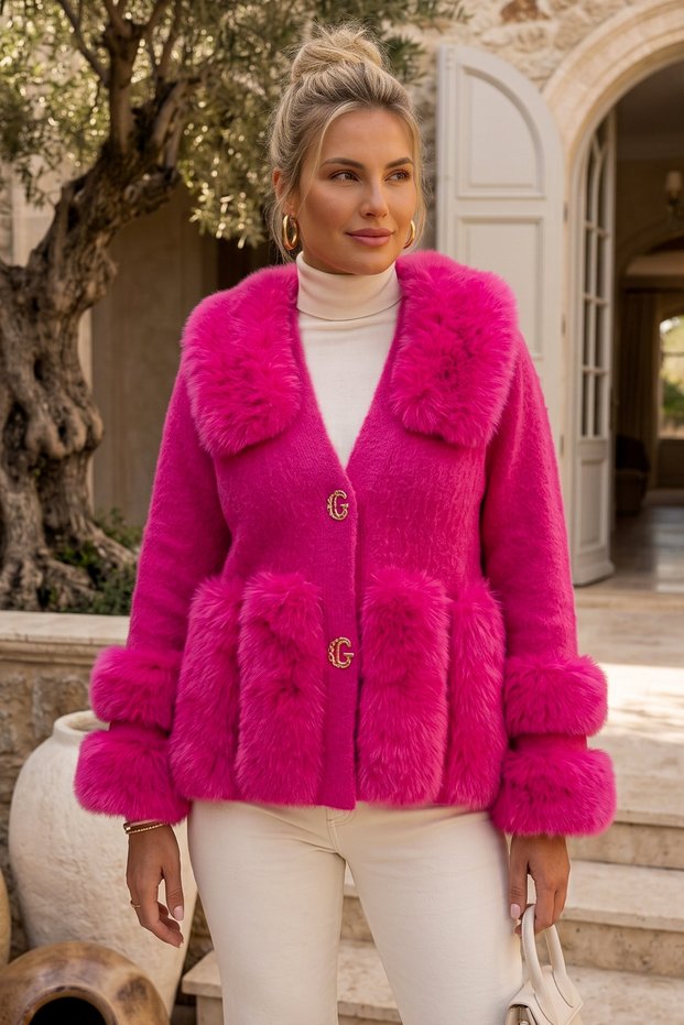 Italian Candy Pink Fur Collar Long Sleeve Wool Knitwear Coat with Fur Detail on Collar and Sleeves 68 60