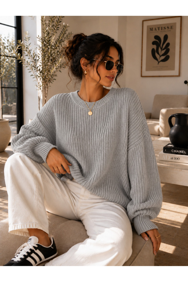 Selanik Knitted Crew Neck Oversize Women's Knitwear Sweater