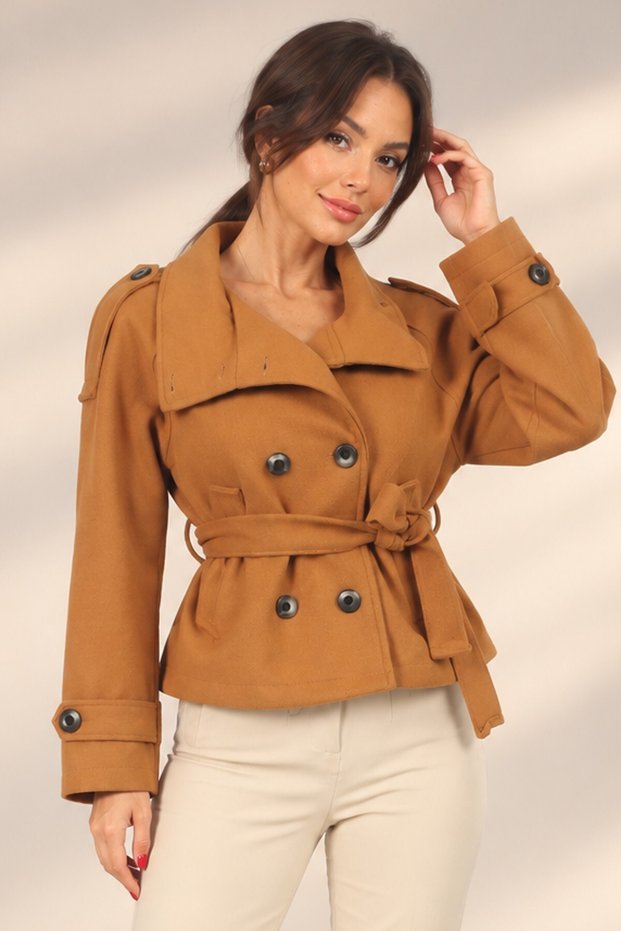 Women's Imported Cashmere Short Coat with Shoulder Epaulettes and Pockets