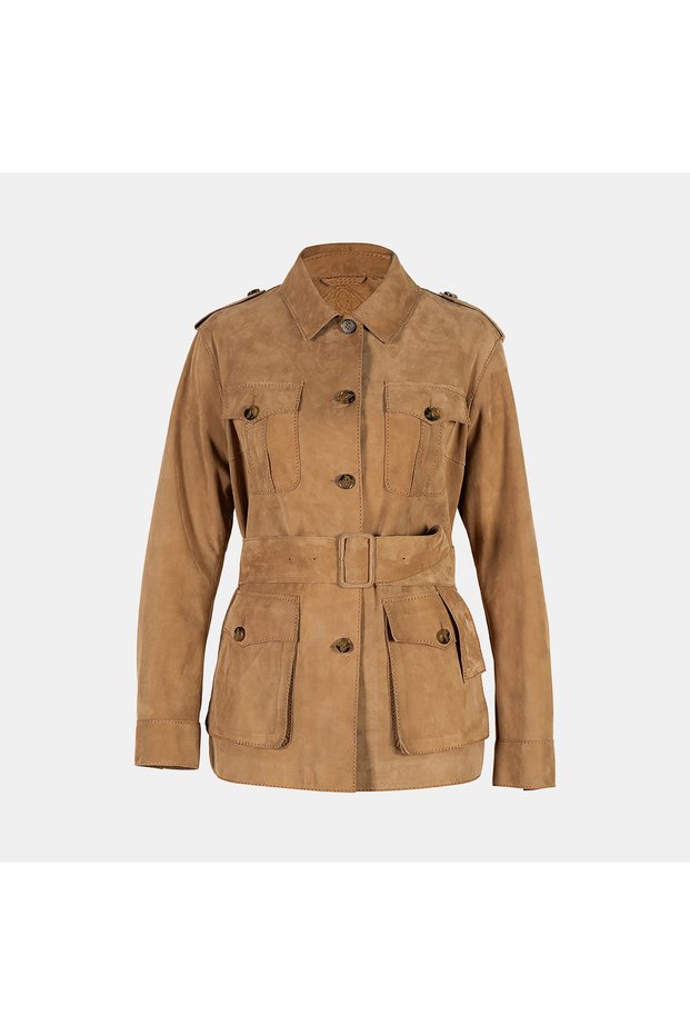 Women's Caramel Belt Detailed Suede Safari Jacket