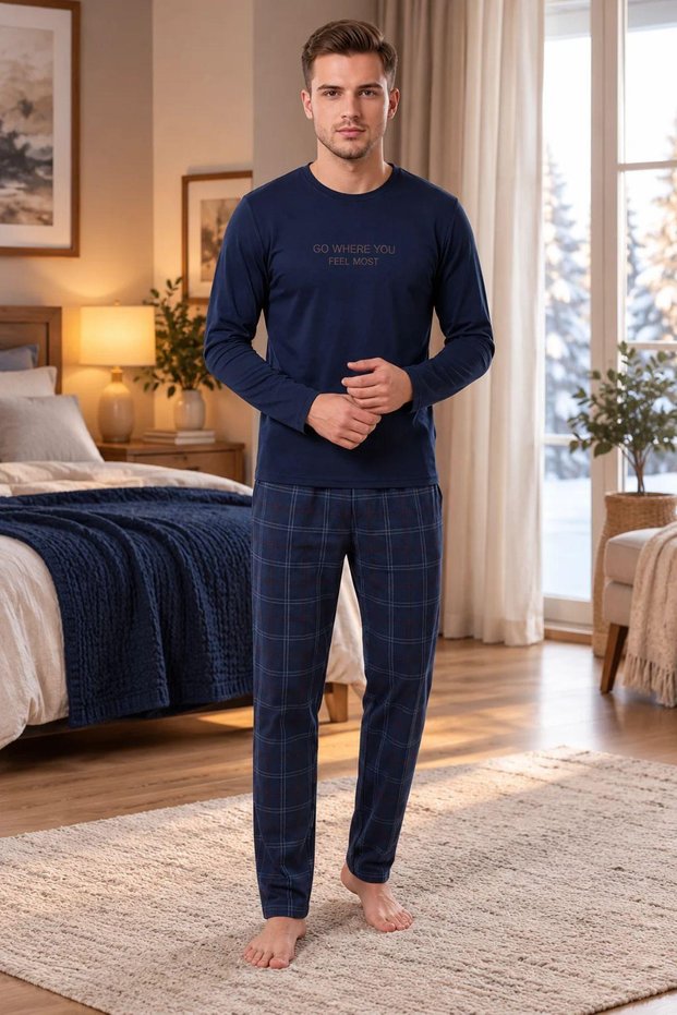 Men's Lycra Thermal Warm Fabric Long Sleeve Navy Blue Pajama Set