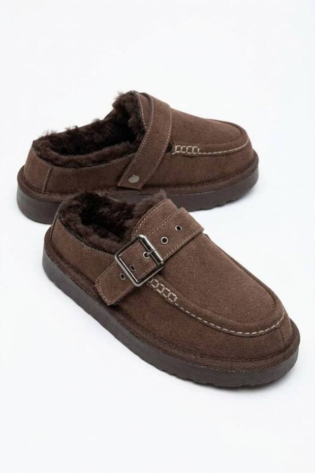Adri Women's Buckle Detailed Suede Slippers with Fur Inside, Brown