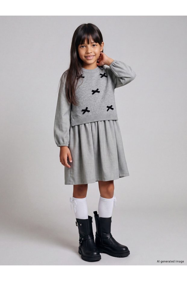 Özmarka New Season Gray Girls' Dress and Sweater Set