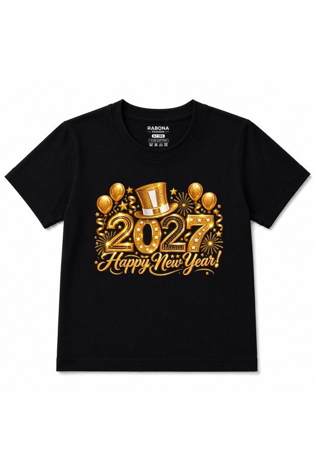 Happy New Year 2027 - Golden Glitter Fireworks, Party Balloons & Celebration Graphic Kids T-Shirt