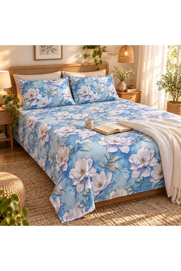 King Size Flat Bedsheet Set, 3 Pieces, 260 x 240 cm (SKY BLU)