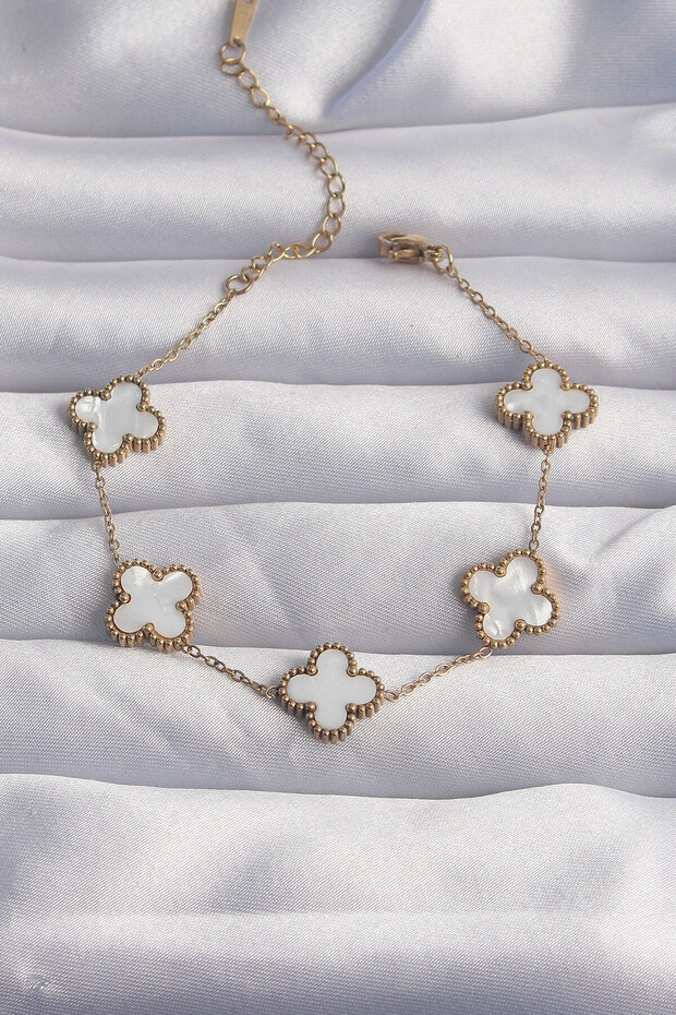 316L Steel Gold Color White Pearlescent Clover Bracelet