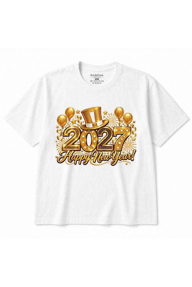 Happy New Year 2027 - Golden Glitter Fireworks, Party Balloons & Celebration Graphic T-Shirt