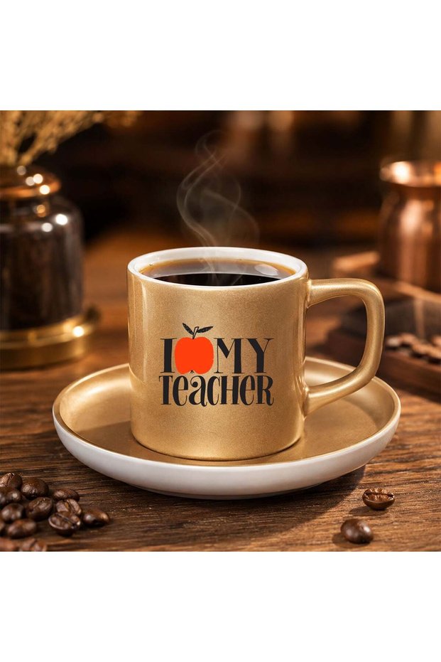 Matte Gold Turkish Coffee Cup and Saucer with I Love My Teacher Design