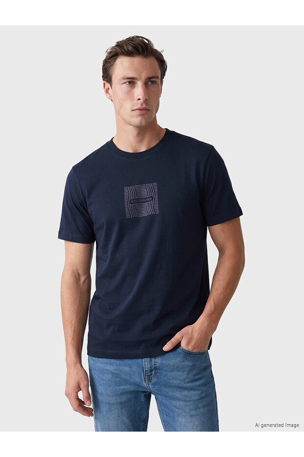 Peak New Season Navy Blue Crew Neck Printed Men's T-Shirt