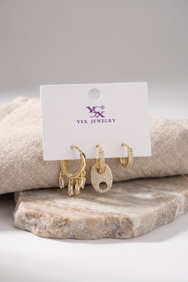 Brass Gold Color Zircon Stone Women's Earring Set