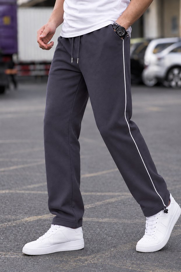 Men's Loose Fit 3 Thread Ribbed Cuffs with Side Piping Baggy Sweatpants