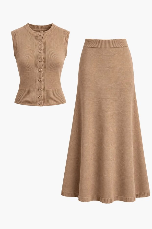 Women's Camel Button Detailed Crew Neck Knitwear Vest and Long Skirt Two-Piece Set