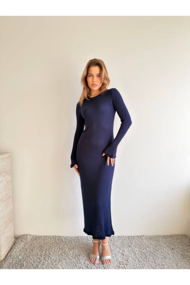 Women's Crew Neck Long Sleeve Knitwear Midi Basic Dress