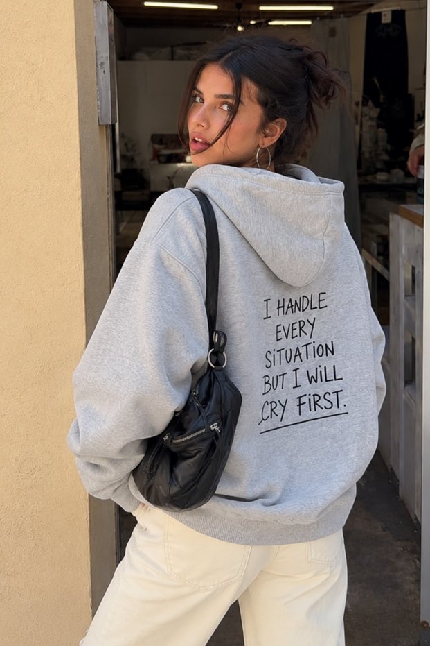 Women's Oversize Hoodie Cry First Printed Gray Melange – Hooded, Kangaroo Pocket, Drop Shoulder