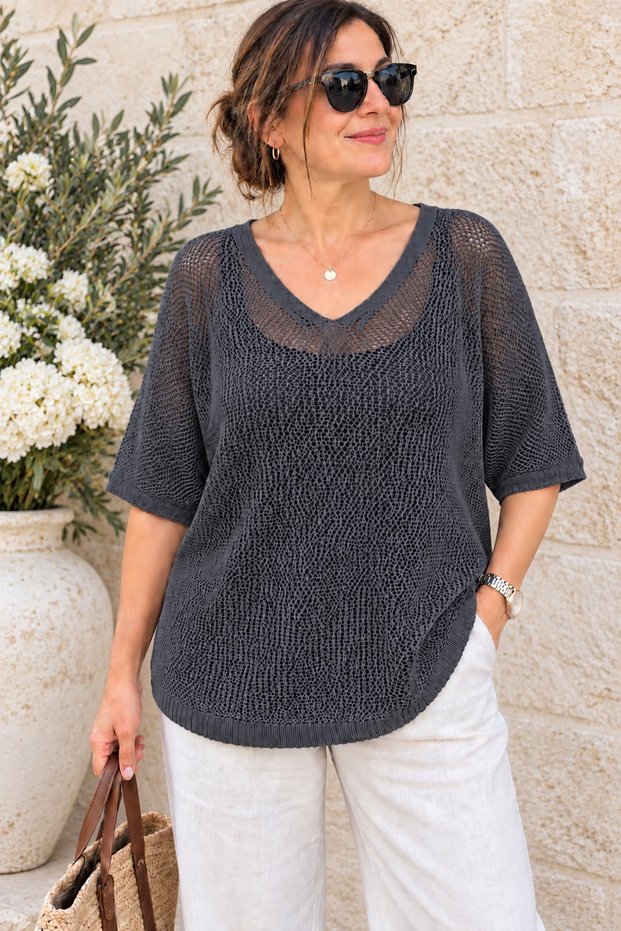 Women's Washed Mercerized Fabric Oversize Short Sleeve Blouse 40-48