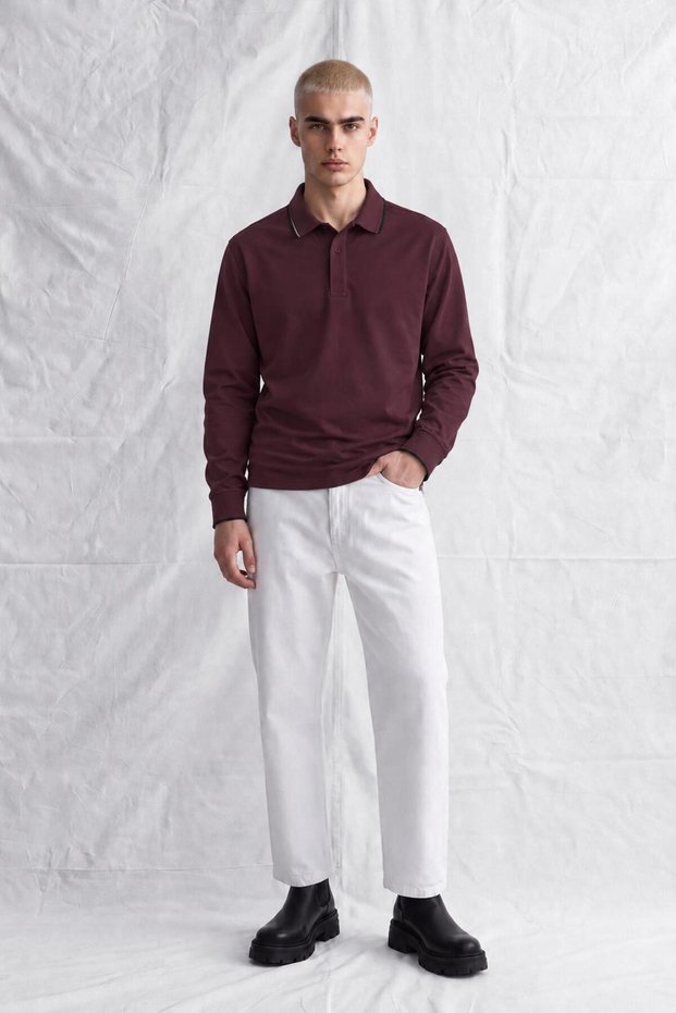Men's Burgundy Footed Collar Single Snap Oysho Sweatshirt