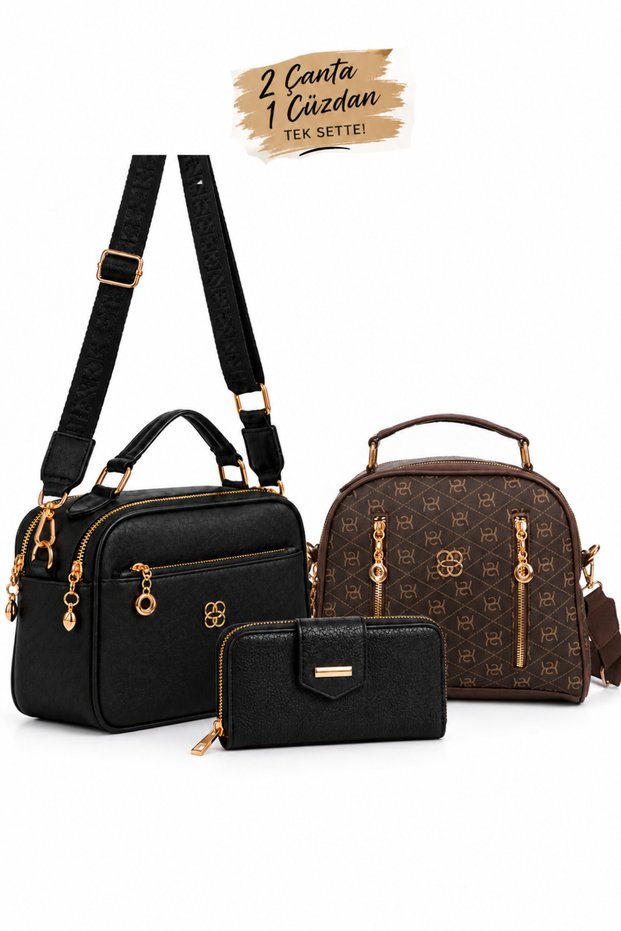 Women's Black Hand and Shoulder Bag with Three Compartments and Black and Patterned Coffee Color + Wallet Card Holder