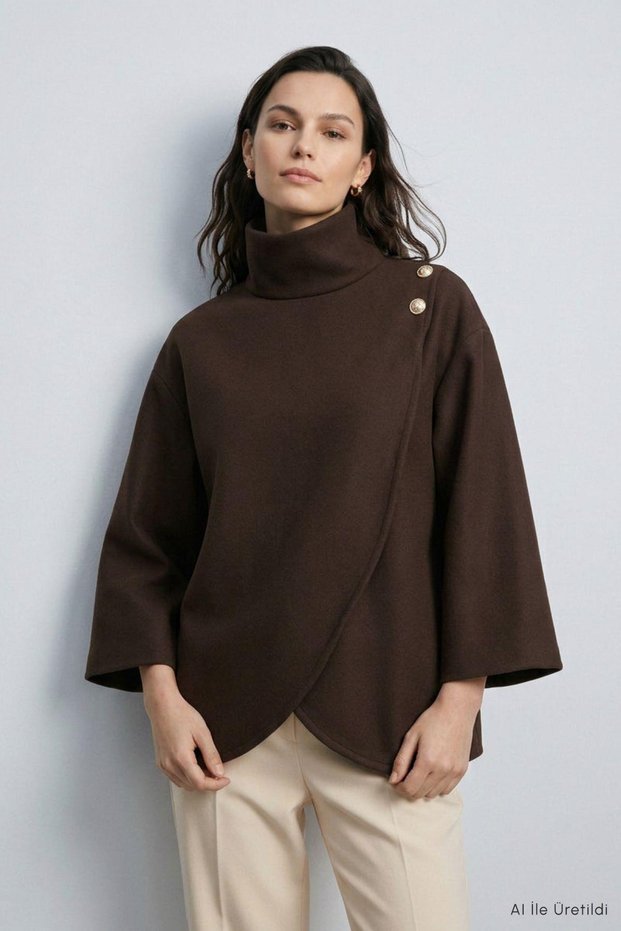 Poncho cu guler înalt 7310 Maro