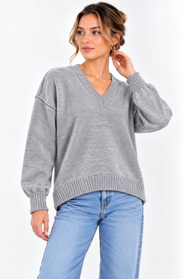 New Season Women's V-Neck Soft Textured Oversize Knitwear Sweater – Comfortable Fit, Long Sleeves, Long Back