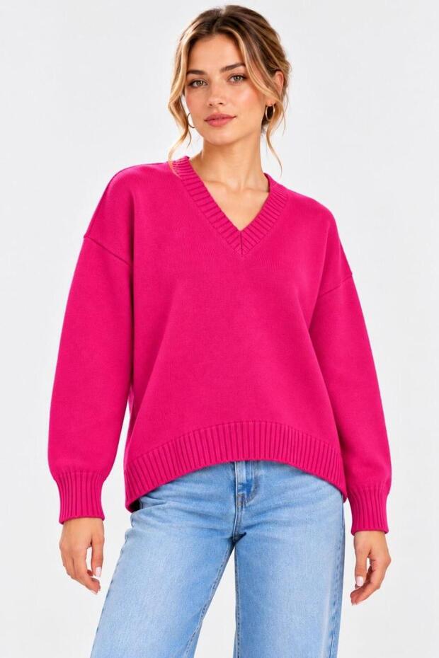 New Season Women's V-Neck Soft Textured Oversize Knitwear Sweater – Comfortable Fit, Long Sleeves, Long Back