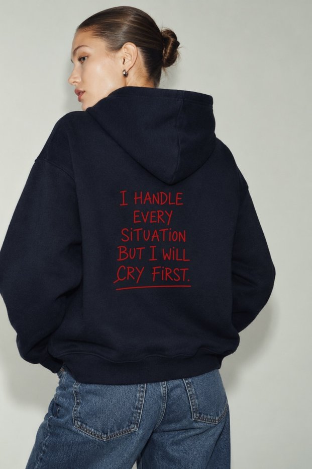Women's Oversize Hoodie Cry First Printed Navy Blue – Hooded, Kangaroo Pocket, 3 Thread Raster Fleece