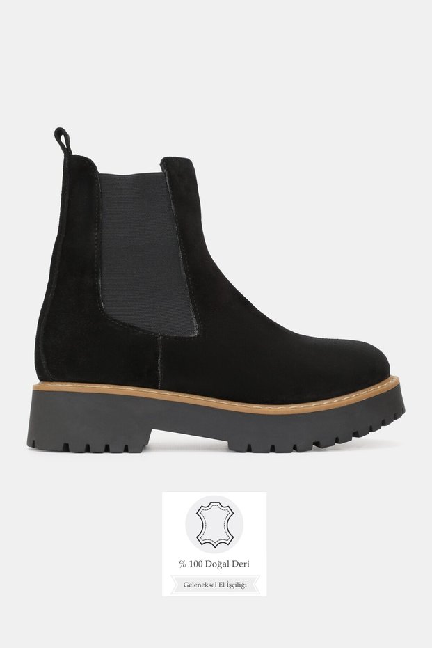 Women's Black Nubuck Genuine Natural Leather Thick Heel Elastic Boots & Booties, Size 36-41