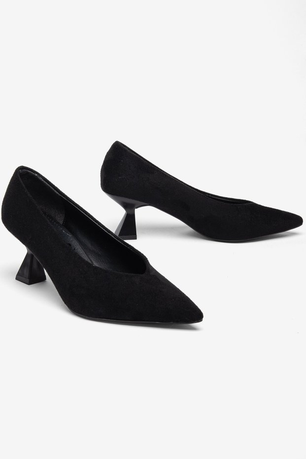 Large Size Women's Thin Heeled Shoes Black Suede V-Faced