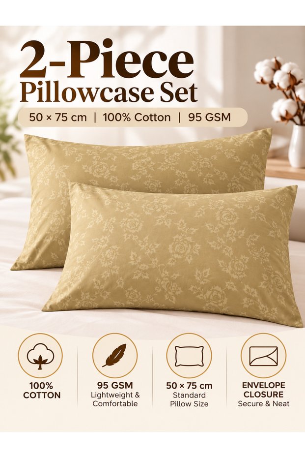 Bedsheet Set, Beige Floral Pattern, 100% Cotton, 95 GSM