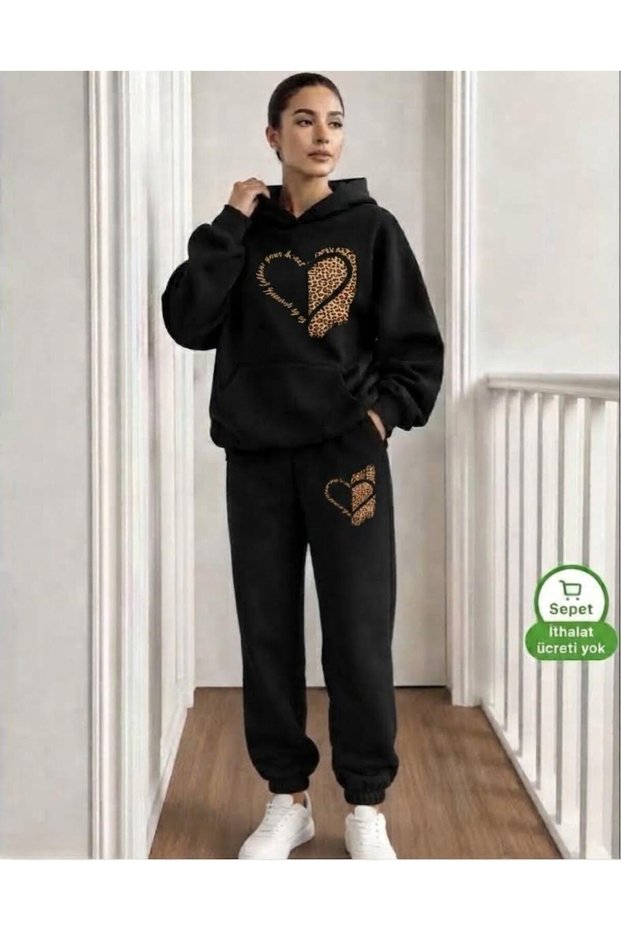 Women's Patterned Leopard Print Hooded Tracksuit Set
