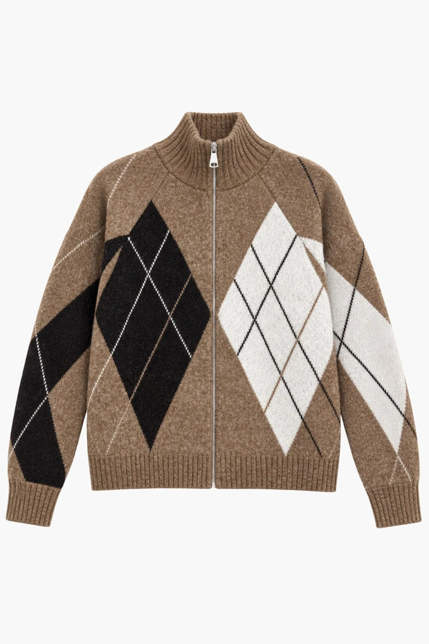 Women's Brown Ecru Bitter Brown Diamond Patterned Zippered High Collar Soft Textured Knitwear Sweater