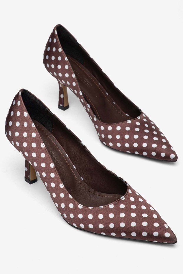 Large Size Women's Thin Heeled Stiletto Shoes Brown Satin Polka Dot Pointed Toe