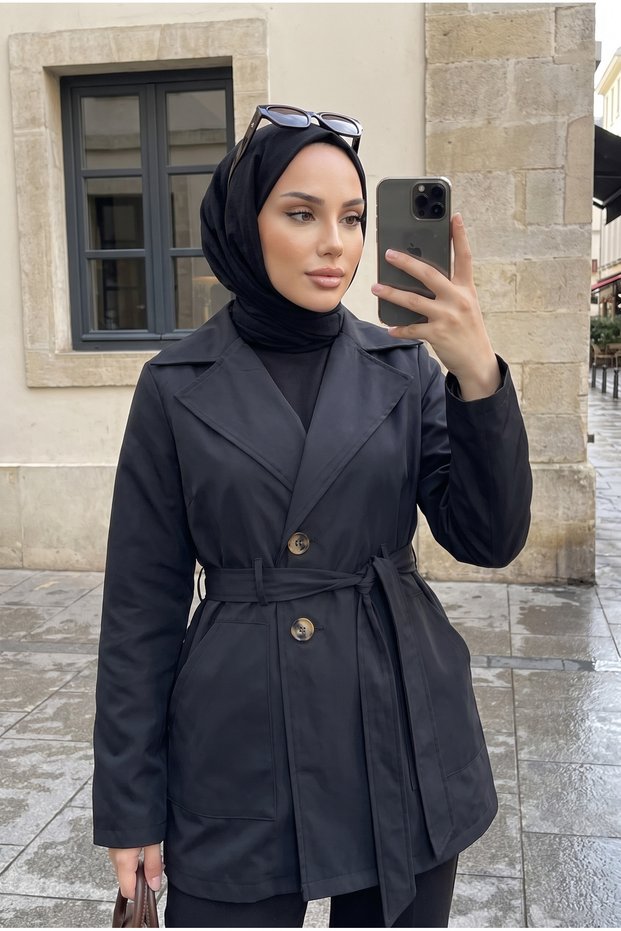 Women's Belted Short Trench Coat – Seasonal Hijab Jacket