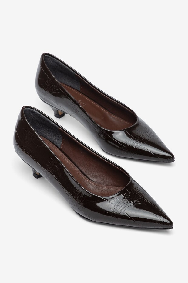 Large Size Women's Mini Thin Heeled Shoes Brown Crocodile Patent Leather