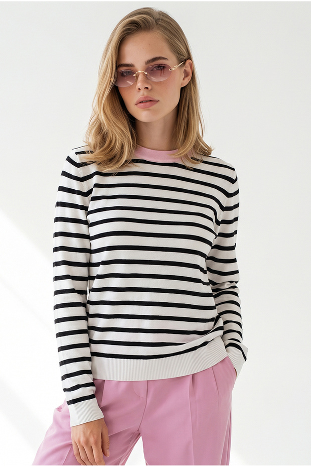 Women's Black Pink Collar Detailed Soft Textured Striped Sweater Kzk-19001198
