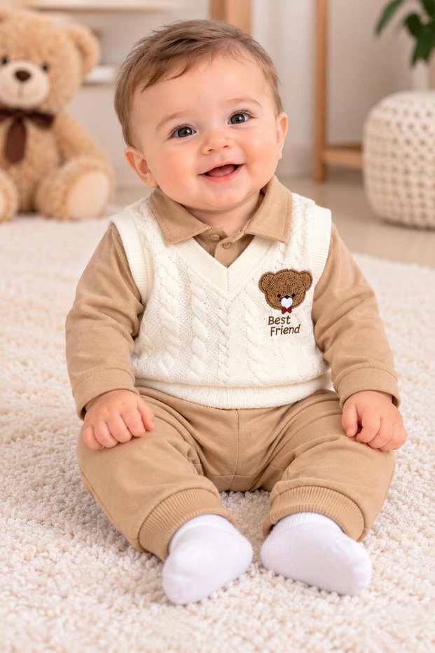 Baby Boy Knitwear Sweater 3-Piece Set – Teddy Bear Patterned Shirt Collar Long Sleeve Tracksuit Set