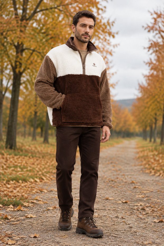 Rc-3528 Men's Ecru-Brown Half-Zip Plush Fleece Coat