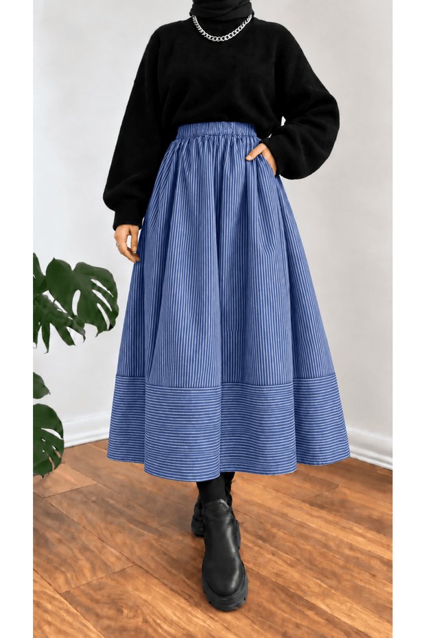 Pockets Striped Skirt - Hpm - Saks Blue
