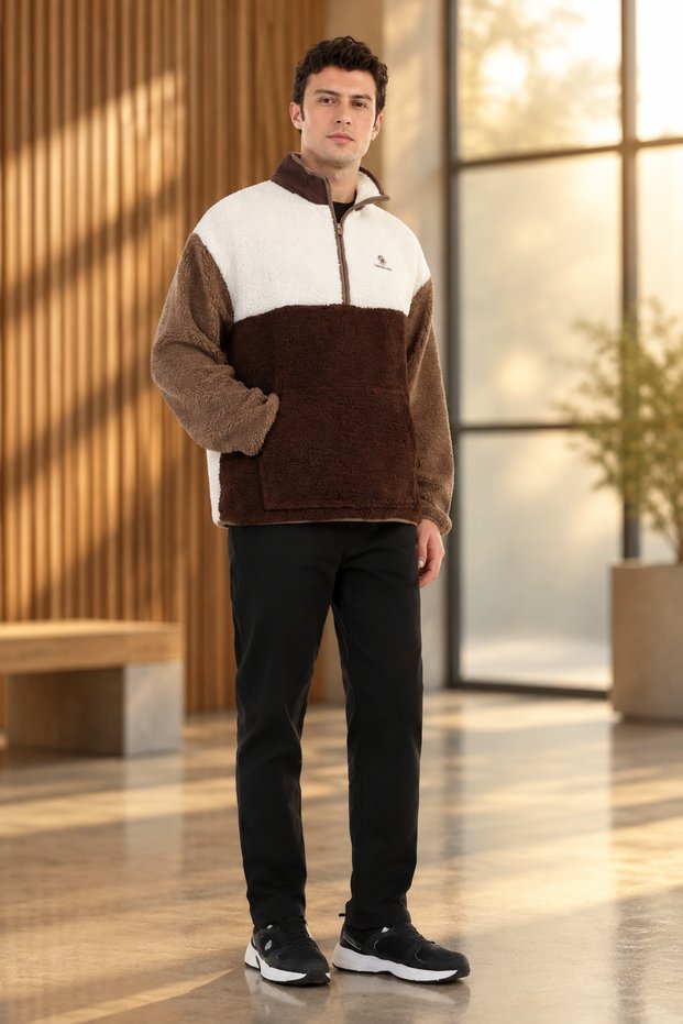 Rc-9797 Men's Ecru-Brown Half-Zip Plush Fleece Coat