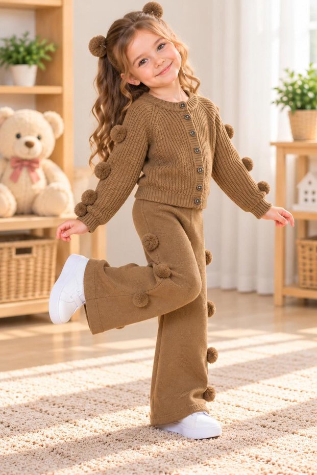 Girl's Brown Knitwear Sweater and Pants Set with Pompom Detail