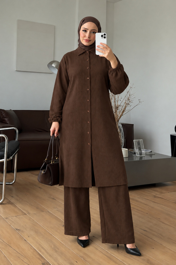 Bürümcük Fabric Buttoned Tunic Set with Pants (Suitable for Hijab)
